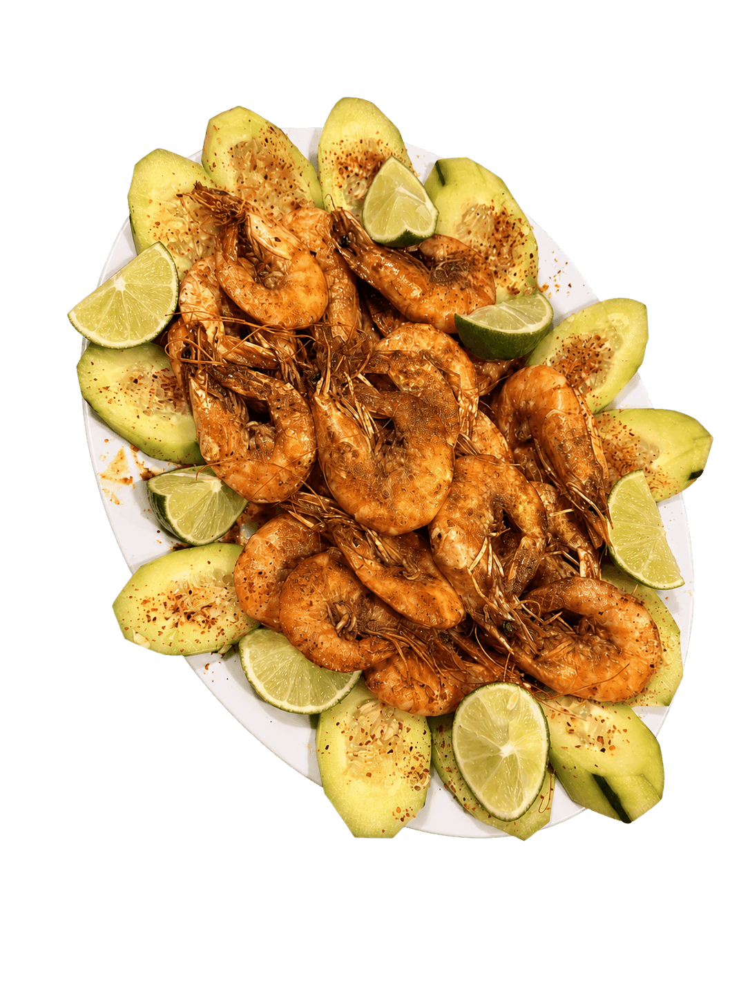 Shrimp platter with cucumber, lime, and chile