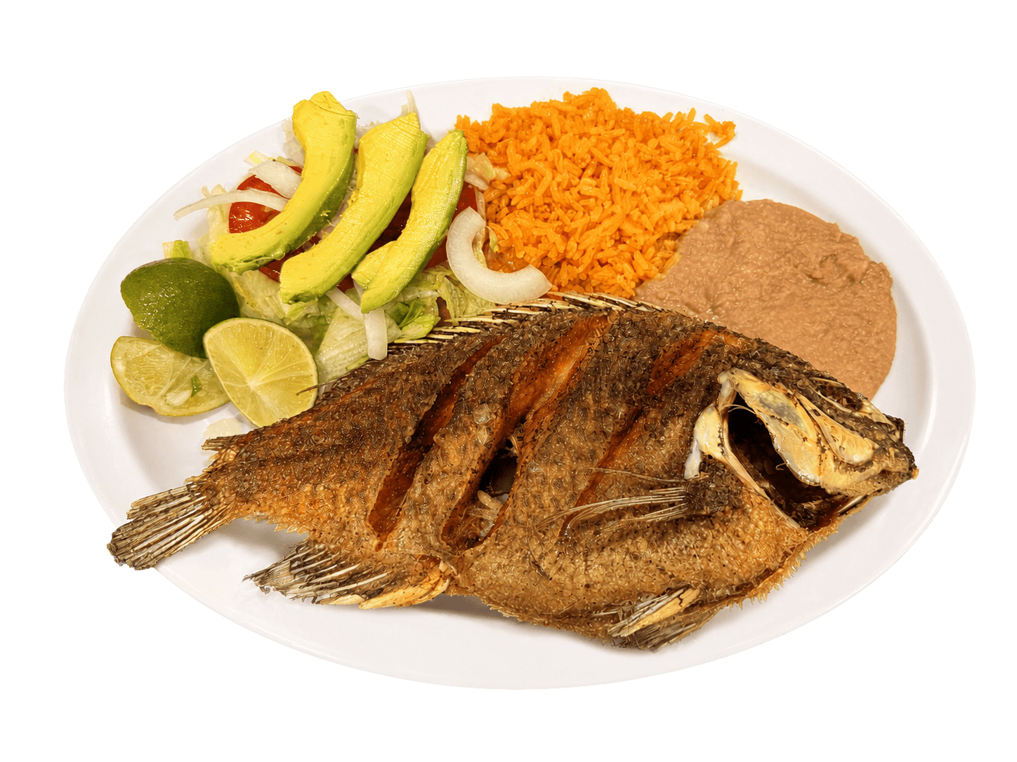 Whole fried tilapia with rice and salad
